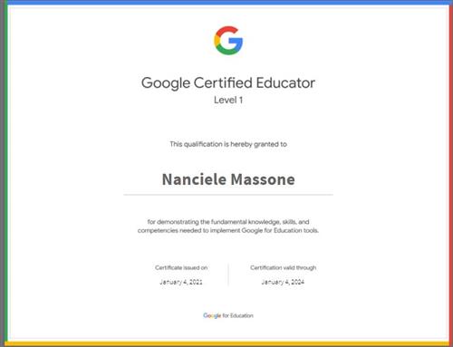 Google Educator Level One Certified Certificate for Nanciele Massone 